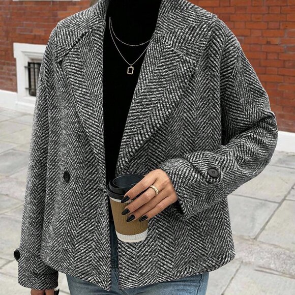 Grey Lapel Herringbone Women's Long Sleeve Straight-Leg Loose Coat - Picture 3 of 5